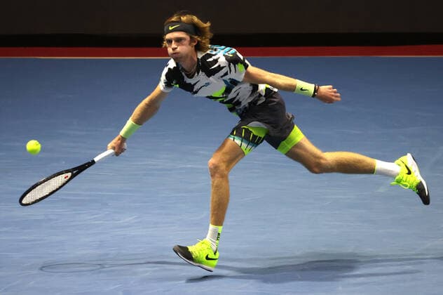 ST PETERSBURG, RUSSIA - OCTOBER 17, 2020: Russia s Andrey Rublev returns the ball in a semifinal match against Canada s Denis Shapovalov at the St Petersburg Open 2020 international tournament held at Sibur Arena. Alexander Demianchuk TASS  TS0EB270