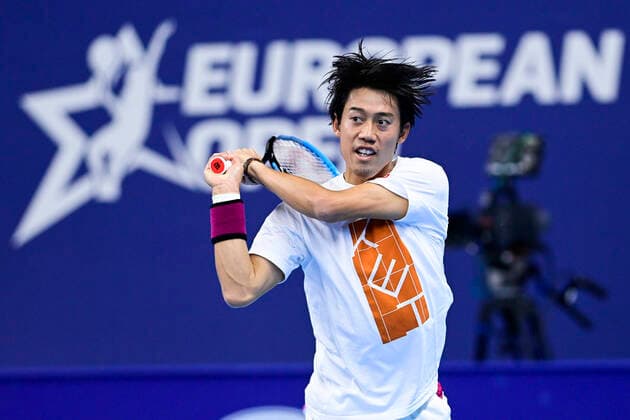 Japanese Kei Nishikori pictured in action during a training session ahead of the European Open, in Antwerp, Saturday 17 October 2020. This year s edition of the tournament is taking place from 18 to 25 October. LAURIExDIEFFEMBACQ  x2564782x