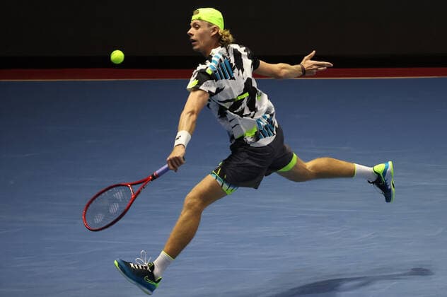 ST PETERSBURG, RUSSIA - OCTOBER 17, 2020: Canada s Denis Shapovalov returns the ball in a semifinal match against Russia s Andrey Rublev at the St Petersburg Open 2020 international tournament held at Sibur Arena. Alexander Demianchuk TASS  TS0EB34B