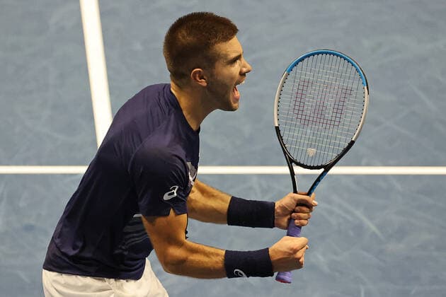 ST PETERSBURG, RUSSIA - OCTOBER 17, 2020: Croatia s Borna Coric competes in a semifinal match against Canada s Milos Raonic at the St Petersburg Open 2020 international tournament held at Sibur Arena. Alexander Demianchuk TASS  TS0EB367