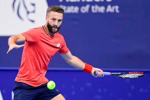 Great Britain Liam Broady pictured in action during a qualification game between Great Britain Liam Broady and Japanese Yasutaka Uchiyama of the European Open Tennis ATP, Tennis Herren tournment, in Antwerp, Sunday 18 October 2020. LAURIExDIEFFEMBACQ  x2565891x