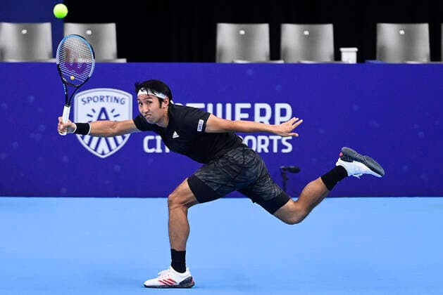 Japanese Yasutaka Uchiyama pictured in action during a qualification game between Great Britain Liam Broady and Japanese Yasutaka Uchiyama of the European Open Tennis ATP, Tennis Herren tournment, in Antwerp, Sunday 18 October 2020. LAURIExDIEFFEMBACQ  x2565906x
