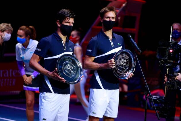 Russian Federation. Saint-Petersburg. SIBUR Arena. International tennis tournament ATP, Tennis Herren St. Petersburg Open By 2020. ATP500. Tennis. St. PETERSBURG OPEN 2020 doubles final Marcelo Demoliner, Matve Middelkoop - Jurgen Melzer, Edouard Roger-Vasselin. Tennis player Jurgen Melzer, Edouard Roger MaksimxKonstantinov