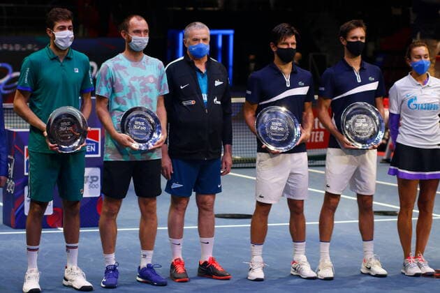 Russian Federation. Saint-Petersburg. SIBUR Arena. International tennis tournament ATP, Tennis Herren St. Petersburg Open By 2020. ATP500. Tennis. St. PETERSBURG OPEN 2020 doubles final Marcelo Demoliner, Matve Middelkoop - Jurgen Melzer, Edouard Roger-Vasselin. Tennis player Jurgen Melzer, Edouard Roger MaksimxKonstantinov