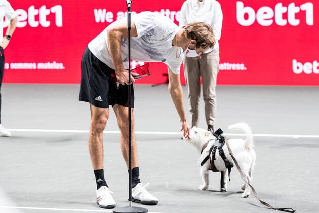 bett1HULKS Indoors - ATP, Tennis Herren 250; Koeln, 18.10.2020 Alexander ZVEREV (GER) ruft den Hund des Titelsponsors zur Siegerehrung bett1HULKS Indoors - ATP 250 am 18.10.2020 in Koeln (LANXESSarena), Deutschland Copyright: xBEAUTIFULxSPORTS Wunderlx