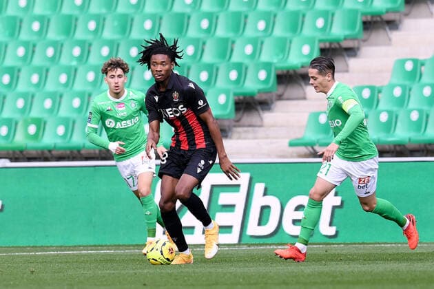 19 KHEPHREN THURAM (NICE) - 21 ROMAIN HAMOUMA (ASSE) FOOTBALL : Saint Etienne vs Nice - Ligue 1 Uber Eats - 18 10 2020 FEP Panoramic 
