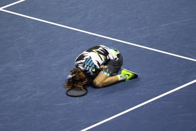 ST PETERSBURG, RUSSIA - OCTOBER 18, 2020: Russia s tennis player Andrei Rublev reacts in the final match against Croatia s Coric at the 2020 St Petersburg Open International Tournament at Sibur Arena. Alexander Demianchuk TASS  TS0EB486