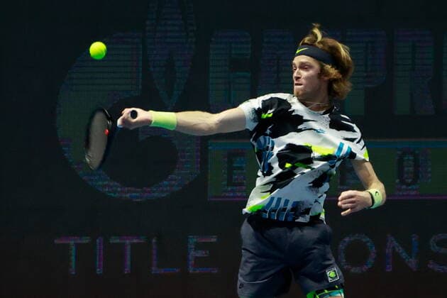 Russian Federation. Saint-Petersburg. SIBUR Arena. International tennis tournament ATP, Tennis Herren St. Petersburg Open By 2020. The final. ATP500. Tennis. Match on October 18, 2020. Match Andrey Rublev - Borna Chorich. Tennis Player Andrey Rublev. MaksimxKonstantinov
