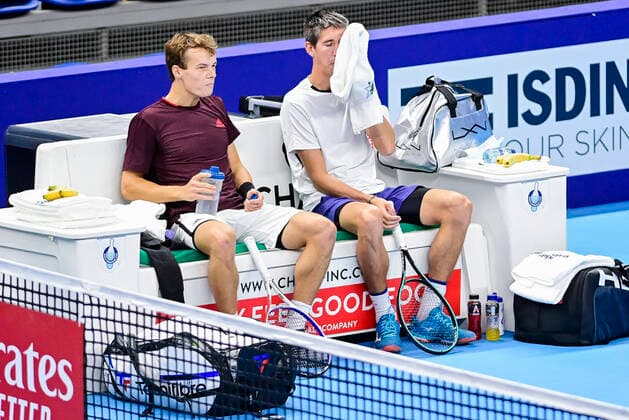 ATTENTION EDITORS - HAND OUT - EDITORIAL USE ONLY - NO SALES - Belgian Michael Geerts and Belgian Yannick Mertens pictured during a first round of the doubles men competition between the pair US Zane Khan and Italian Luca Nardi and Belgian pair Michael Geerts and Yannick Mertens at the European Open Tennis ATP, Tennis Herren tournment, in Antwerp, Monday 19 October 2020. LAURIExDIEFFEMBACQ  x2567446x