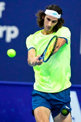 ATTENTION EDITORS - HAND OUT - EDITORIAL USE ONLY - NO SALES - South African Lloyd Harris pictured in action during a qualifying game of the simple men competition between Argentina s Federico Coria and South African Lloyd Harris of the European Open Tennis ATP, Tennis Herren tournment, in Antwerp, Monday 19 October 2020. LAURIExDIEFFEMBACQ  x2567496x