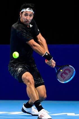 ATTENTION EDITORS - HAND OUT - EDITORIAL USE ONLY - NO SALES - Japanese Yasutaka Uchiyama pictured in action during a qualifying game of the simple men competition between US Marcos Giron and Japanese Yasutaka Uchiyama of the European Open Tennis ATP, Tennis Herren tournment, in Antwerp, Monday 19 October 2020. LAURIExDIEFFEMBACQ  x2567497x