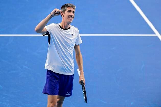 Belgian Yannick Mertens celebrates after winning a first round of the doubles men competition between the pair US Zane Khan and Italian Luca Nardi and Belgian pair Michael Geerts and Yannick Mertens at the European Open Tennis ATP, Tennis Herren tournment, in Antwerp, Monday 19 October 2020. TENNIS : Open d Anvers - 19 10 2020 PhotoNews Panoramic 