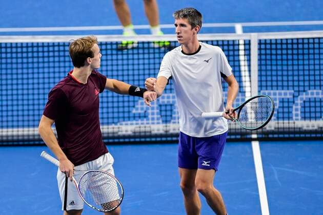 Belgian Michael Geerts and Belgian Yannick Mertens celebrate during a first round of the doubles men competition between the pair US Zane Khan and Italian Luca Nardi and Belgian pair Michael Geerts and Yannick Mertens at the European Open Tennis ATP, Tennis Herren tournment, in Antwerp, Monday 19 October 2020. TENNIS : Open d Anvers - 19 10 2020 PhotoNews Panoramic 