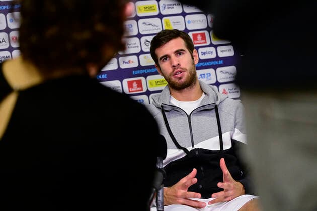 Russian Karen Khachanov pictured during a press conference, PK, Pressekonferenz ahead of the European Open Tennis ATP, Tennis Herren tournment, in Antwerp, Tuesday 20 October 2020. LAURIExDIEFFEMBACQ  x2567689x