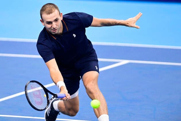 ATTENTION EDITORS - HAND OUT - EDITORIAL USE ONLY - NO SALES - NO MARKETING - UK Daniel Evans pictured in action during the game between Italian Salvatore Caruso and Britain s Daniel Evans, in the first round of the men s singles competition at the European Open Tennis ATP, Tennis Herren tournament, in Antwerp, Tuesday 20 October 2020. LAURIExDIEFFEMBACQ  x2567737x