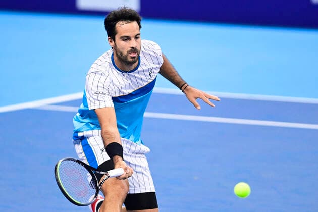 ATTENTION EDITORS - HAND OUT - EDITORIAL USE ONLY - NO SALES - NO MARKETING - Italian Salvatore Caruso pictured in action during the game between Italian Salvatore Caruso and Britain s Daniel Evans, in the first round of the men s singles competition at the European Open Tennis ATP, Tennis Herren tournament, in Antwerp, Tuesday 20 October 2020. LAURIExDIEFFEMBACQ  x2567751x