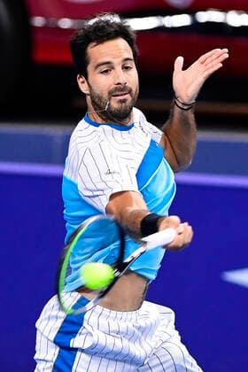 ATTENTION EDITORS - HAND OUT - EDITORIAL USE ONLY - NO SALES - NO MARKETING - Italian Salvatore Caruso pictured in action during the game between Italian Salvatore Caruso and Britain s Daniel Evans, in the first round of the men s singles competition at the European Open Tennis ATP, Tennis Herren tournament, in Antwerp, Tuesday 20 October 2020. LAURIExDIEFFEMBACQ  x2567758x