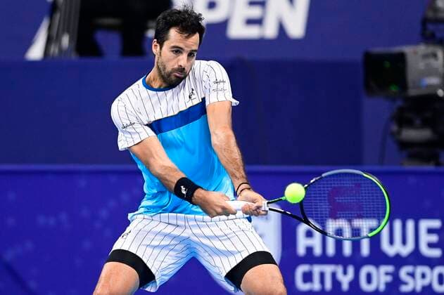Italian Salvatore Caruso celebrates during the game between Italian Salvatore Caruso and Britain s Daniel Evans, in the first round of the men s singles competition at the European Open Tennis ATP, Tennis Herren tournament, in Antwerp, Tuesday 20 October 2020. TENNIS : Open d Anvers - 19 10 2020 PhotoNews Panoramic 