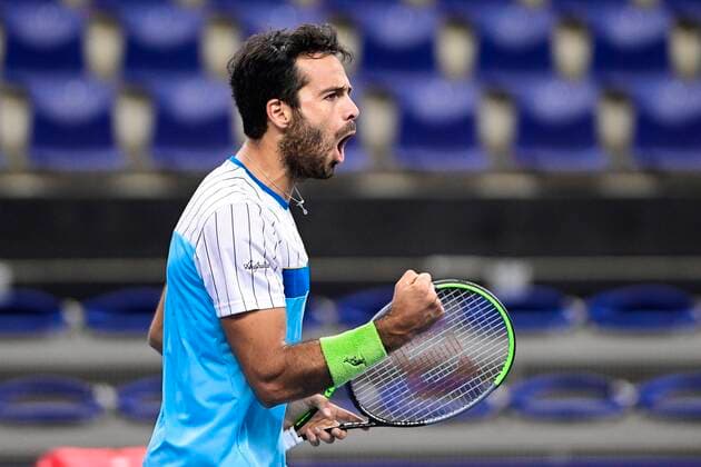 Italian Salvatore Caruso celebrates during the game between Italian Salvatore Caruso and Britain s Daniel Evans, in the first round of the men s singles competition at the European Open Tennis ATP, Tennis Herren tournament, in Antwerp, Tuesday 20 October 2020. TENNIS : Open d Anvers - 19 10 2020 PhotoNews Panoramic 