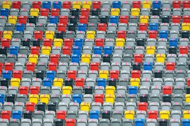 Soccer, Bundesliga, Germany, Men, Season 2020 2021, 4 Matchday, Merkur Spiel Arena Düsseldorf, Fortuna Düsseldorf, F95 red Jahn Regensburg black 2 2 The colorful seats in the empty Merkur Spiel Arena Feature, Symbol, Symbol Image, Corona, Covid 19, Ghost Game DFL REGULATIONS PROHIBIT ANY USE OF PHOTOGRAPHS AS IMAGE SEQUENCES AND OR QUASI VIDEO