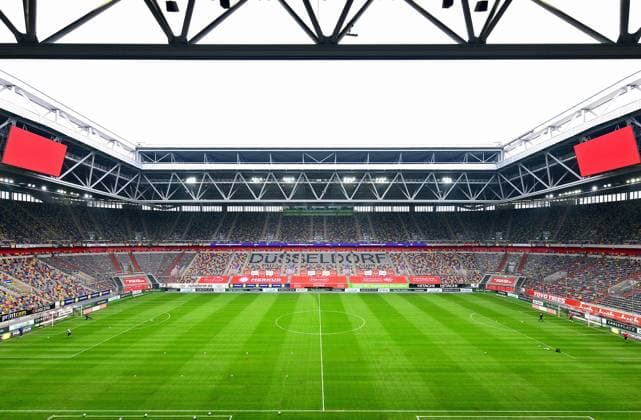 Soccer, Bundesliga, Germany, Men, Season 2020 2021, 4 Matchday, Merkur Spiel Arena Düsseldorf, Fortuna Düsseldorf, F95 red Jahn Regensburg black 2 2 Overview of empty Merkur Spiel Arena Feature, Symbol, Symbol Image, Corona, Covid 19, Ghost Game DFL REGULATIONS PROHIBIT ANY USE OF PHOTOGRAPHS AS IMAGE SEQUENCES AND OR QUASI VIDEO