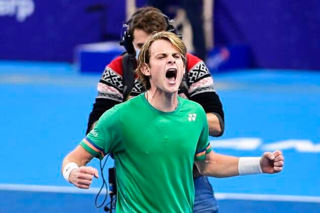 Belgian Zizou Bergs celebrates during the game between Belgian Zizou Bergs and Spanish Albert Ramos-Vinolas, in the first round of the men s singles competition at the European Open Tennis ATP, Tennis Herren tournament, in Antwerp, Tuesday 20 October 2020 TENNIS : Open d Anvers - 20 10 2020 PhotoNews Panoramic 