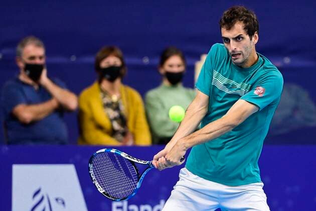 ATTENTION EDITORS - HAND OUT - EDITORIAL USE ONLY - NO SALES - NO MARKETING - Spanish Albert Ramos-Vinolas pictured in action during the game between Belgian Zizou Bergs and Spanish Albert Ramos-Vinolas, in the first round of the men s singles competition at the European Open Tennis ATP, Tennis Herren tournament, in Antwerp, Tuesday 20 October 2020. TENNIS : Open d Anvers - 21 10 2020 PhotoNews Panoramic 