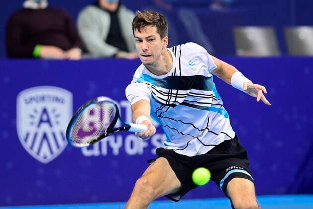 ATTENTION EDITORS - HAND OUT - EDITORIAL USE ONLY - NO SALES - NO MARKETING - Slovenian Aljaz Bedene pictured in action during the game between Slovenian Bedene and Canadian Raonic, in the first round of the men s singles competition at the European Open Tennis ATP, Tennis Herren tournament, in Antwerp, Wednesday 21 October 2020. TENNIS : Open d Anvers - 21 10 2020 PhotoNews Panoramic 