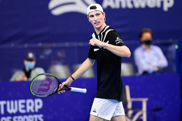 ATTENTION EDITORS - HAND OUT - EDITORIAL USE ONLY - NO SALES - NO MARKETING - French Ugo Humbert celebrates during a game of the second round of the simples men competition between French Ugo Humbnert and Spanish Pablo Carreno Busta at the European Open Tennis ATP, Tennis Herren tournment, in Antwerp, Wednesday 21 October 2020. LAURIExDIEFFEMBACQ  x2568528x