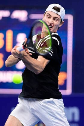 ATTENTION EDITORS - HAND OUT - EDITORIAL USE ONLY - NO SALES - NO MARKETING - French Ugo Humbert pictured in action during a game of the second round of the simples men competition between French Ugo Humbnert and Spanish Pablo Carreno Busta at the European Open Tennis ATP, Tennis Herren tournment, in Antwerp, Wednesday 21 October 2020. LAURIExDIEFFEMBACQ  x2568549x