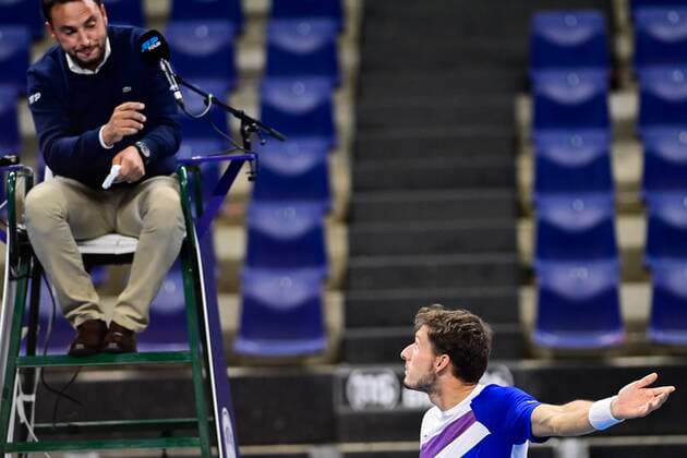 ATTENTION EDITORS - HAND OUT - EDITORIAL USE ONLY - NO SALES - NO MARKETING - Spanish Pablo Carreno Busta reacts during a game of the second round of the simples men competition between French Ugo Humbnert and Spanish Pablo Carreno Busta at the European Open Tennis ATP, Tennis Herren tournment, in Antwerp, Wednesday 21 October 2020. TENNIS : Open d Anvers - 21 10 2020 PhotoNews Panoramic 