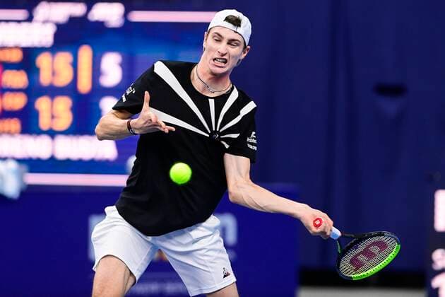 ATTENTION EDITORS - HAND OUT - EDITORIAL USE ONLY - NO SALES - NO MARKETING - French Ugo Humbert pictured in action during a game of the second round of the simples men competition between French Ugo Humbnert and Spanish Pablo Carreno Busta at the European Open Tennis ATP, Tennis Herren tournment, in Antwerp, Wednesday 21 October 2020. TENNIS : Open d Anvers - 21 10 2020 PhotoNews Panoramic 