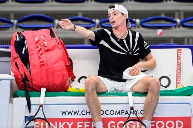 ATTENTION EDITORS - HAND OUT - EDITORIAL USE ONLY - NO SALES - NO MARKETING - French Ugo Humbert looks dejected during a game of the second round of the simples men competition between French Ugo Humbnert and Spanish Pablo Carreno Busta at the European Open Tennis ATP, Tennis Herren tournment, in Antwerp, Wednesday 21 October 2020. TENNIS : Open d Anvers - 21 10 2020 PhotoNews Panoramic 