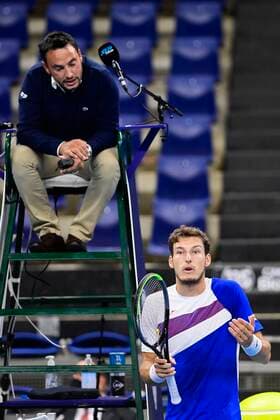 ATTENTION EDITORS - HAND OUT - EDITORIAL USE ONLY - NO SALES - NO MARKETING - Spanish Pablo Carreno Busta reacts during a game of the second round of the simples men competition between French Ugo Humbnert and Spanish Pablo Carreno Busta at the European Open Tennis ATP, Tennis Herren tournment, in Antwerp, Wednesday 21 October 2020. TENNIS : Open d Anvers - 21 10 2020 PhotoNews Panoramic 