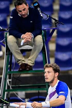 ATTENTION EDITORS - HAND OUT - EDITORIAL USE ONLY - NO SALES - NO MARKETING - Spanish Pablo Carreno Busta reacts during a game of the second round of the simples men competition between French Ugo Humbnert and Spanish Pablo Carreno Busta at the European Open Tennis ATP, Tennis Herren tournment, in Antwerp, Wednesday 21 October 2020. TENNIS : Open d Anvers - 21 10 2020 PhotoNews Panoramic 