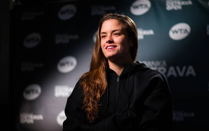 October 21, 2020, Ostrava, CZECH REPUBLIC: Maria Sakkari of Greece talks to the media after winning her second round match at the 2020 J&T Banka Ostrava Open WTA, Tennis Damen Premier tennis tournament Ostrava CZECH REPUBLIC - ZUMAa181 20201021_zaa_a181_242 Copyright: xRobxPrangex