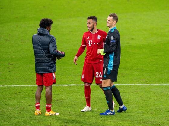 GER, FC Bayern Muenchen vs Atletico Madrid, Football, Champions League, 1 Matchday, 2020 2021, 21 10 2020 Kingsley Coman FC Bayern Muenchen, 29 , Corentin Tolisso FC Bayern Muenchen 24 , Manuel Neuer, Goalkeeper FC Bayern Muenchen 01 , GER, FC Bayern Muenchen vs Atletico Madrid, Football, Champions League, 1 matchday, 2020 2021, 21 10 2020, DFB DFL regulations prohibit any use of photographs as image sequences and or quasi video , Foto Eibner Pressefoto Sascha Walther POOL Munich Allianz Arena Bayern Deutschland Poolfoto Eibner Sascha Walther POOL ,EDITORIAL USE ONLY