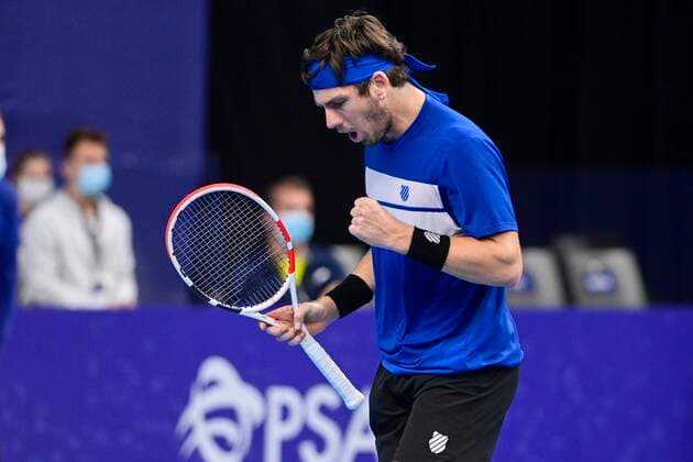 UK s Cameron Norrie celebrates during the match between British Norrie and Canadian Raonic, in the second round of the men s singles competition at the European Open Tennis ATP, Tennis Herren tournament, in Antwerp, Thursday 22 October 2020. TENNIS : Open d Anvers - 22 10 2020 PhotoNews Panoramic 