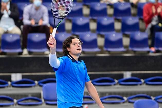 Canadian Milos Raonic celebrates after winning the match between British Norrie and Canadian Raonic, in the second round of the men s singles competition at the European Open Tennis ATP, Tennis Herren tournament, in Antwerp, Thursday 22 October 2020. TENNIS : Open d Anvers - 22 10 2020 PhotoNews Panoramic 