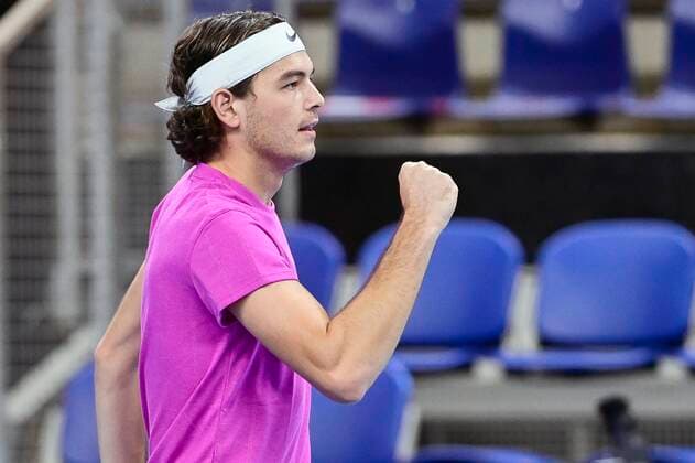 US Taylor Fritz celebrates during the game between US Fritz and South-African Harris, in the second round of the men s singles competition at the European Open Tennis ATP, Tennis Herren tournament, in Antwerp, Thursday 22 October 2020. TENNIS : Open d Anvers - 22 10 2020 PhotoNews Panoramic 