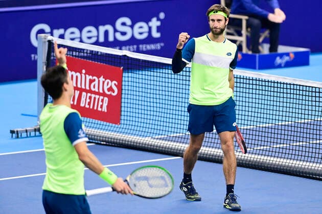ATTENTION EDITORS - HAND OUT - EDITORIAL USE ONLY - NO SALES - NO MARKETING - Belgian Joran Vliegen and Belgian Sander Gille celebrate after winning the match of Belgian pair Gille-Vliegen against British pair Evans and Norrie, in the second round of the men s doubles competition at the European Open Tennis ATP, Tennis Herren tournament, in Antwerp, Thursday 22 October 2020. LAURIExDIEFFEMBACQ  x2569535x