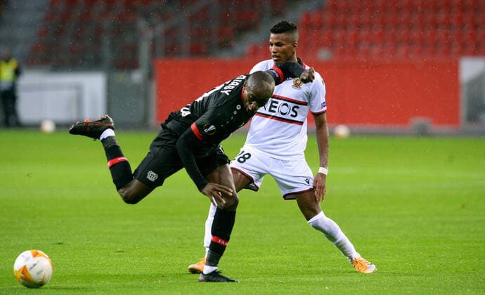 Football, UEFA Europa League, Men, Season 2020 2021, Group C, 1 Matchday, BayArena Leverkusen, Bayer Leverkusen black OGC Nice white Moussa Diaby LEV , Hicham Boudaoui NIZ Aktion DFL UEFA REGULATIONS PROHIBIT ANY USE OF PHOTOGRAPHS AS IMAGE SEQUENCES AND OR QUASI VIDEO