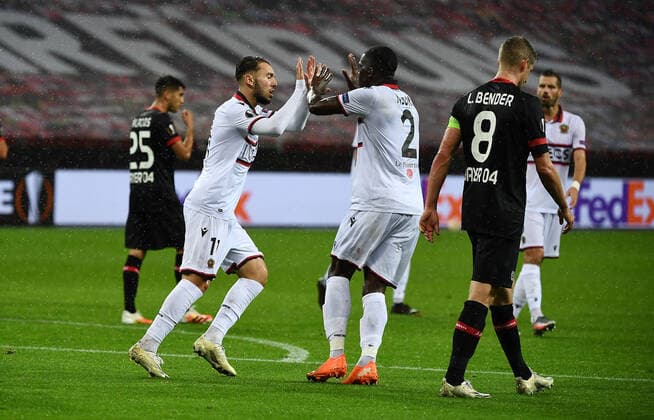 22 10 2020, xjhx, Football UEFA Europa League, Bayer 04 Leverkusen OGC Nice emspor, v l Amine Gouiri OGC Nice celebrate the goal, The goal celebration for 2 1 DFL DFB REGULATIONS PROHIBIT ANY USE OF PHOTOGRAPHS as IMAGE SEQUENCES and or QUASI VIDEO Leverkusen