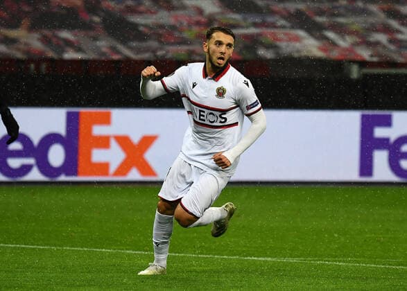 22 10 2020, xjhx, Football UEFA Europa League, Bayer 04 Leverkusen OGC Nice emspor, v l Amine Gouiri OGC Nice celebrate the goal, The goal celebration for 2 1 DFL DFB REGULATIONS PROHIBIT ANY USE OF PHOTOGRAPHS as IMAGE SEQUENCES and or QUASI VIDEO Leverkusen