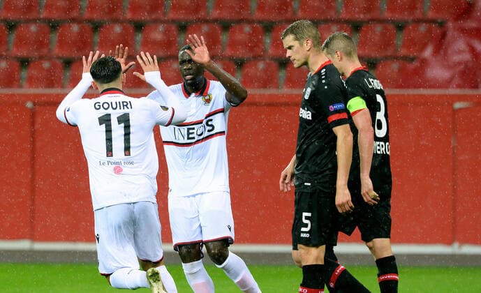 Football, UEFA Europa League, Men, Season 2020 2021, Group C, 1 Matchday, BayArena Leverkusen, Bayer Leverkusen black OGC Nice white Cheers Amine Gouiri NIZ after his goal for the 2 1, together with Stanley Nsoki NIZ , next to him Sven Bender LEV , Lars Bender LEV Cheering, joy, action, disappointment, frustration DFL UEFA REGULATIONS PROHIBIT ANY USE OF PHOTOGRAPHS AS IMAGE SEQUENCES AND OR QUASI VIDEO