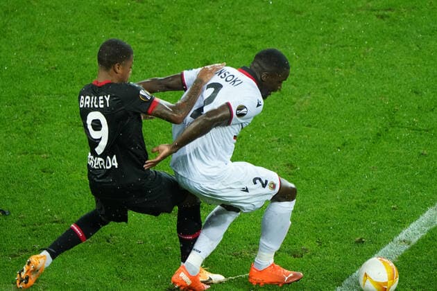 Football , Europa League, Season 2020 2021, Corona Time, Covid 19, Bayer 04 Leverkusen vs OGC Nice , Group stage, Group C, 22 10 2020, Bayarena Leverkusen , Leon Bailey,Stanley N™Soki, Bayer 04 Leverkusen ,