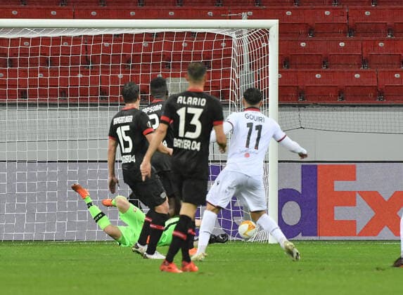 Amine Gouiri OGC Nice , re , scored the goal to 2 1 22 10 2020, Football, UEFA Europa League, Season 2020 2021, 1 Matchday, Bayer 04 Leverkusen OGC Nice Photo TEAM2sportphoto Leverkusen BayArena Nordrhein Westfalen Germany Team2
