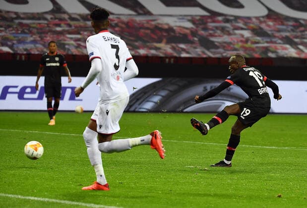 22 10 2020, xjhx, Football UEFA Europa League, Bayer 04 Leverkusen OGC Nice emspor, v l Moussa Diaby Bayer Leverkusen Goal scored, scores the goal for 3 1 DFL DFB REGULATIONS PROHIBIT ANY USE OF PHOTOGRAPHS as IMAGE SEQUENCES and or QUASI VIDEO Leverkusen