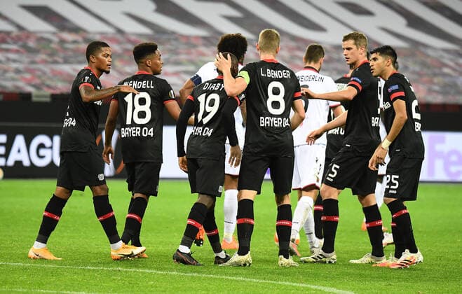 22 10 2020, xjhx, Football UEFA Europa League, Bayer 04 Leverkusen OGC Nice emspor, v l Moussa Diaby Bayer Leverkusen , Wendell Bayer Leverkusen celebrate the goal, The goal celebration for the 3 1 DFL DFB REGULATIONS PROHIBIT ANY USE OF PHOTOGRAPHS as IMAGE SEQUENCES and or QUASI VIDEO Leverkusen