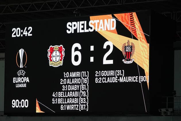 Football , Europa League, Season 2020 2021, Corona Time, Covid 19, Bayer 04 Leverkusen vs OGC Nice , Group stage, Group C, 22 10 2020, Bayarena Leverkusen , 6 2 Result, Score, Final score, ,